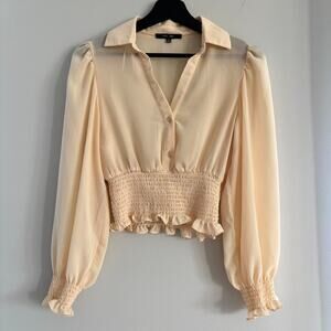 Love Tree Sheer Top Cream Elastic Waistband Button Up Size Small